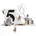 Ornamental Decor Set with Number 5 Figurine Twig Branch Paintbrushes Scissors Books Monkey Ornaments
