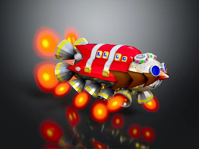 Red Yellow Rocket Ship With Windows Multiple Thrusters And Glowing Orange Flames 3d model