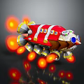 Red Yellow Rocket Ship With Windows Multiple Thrusters And Glowing Orange Flames 3d model