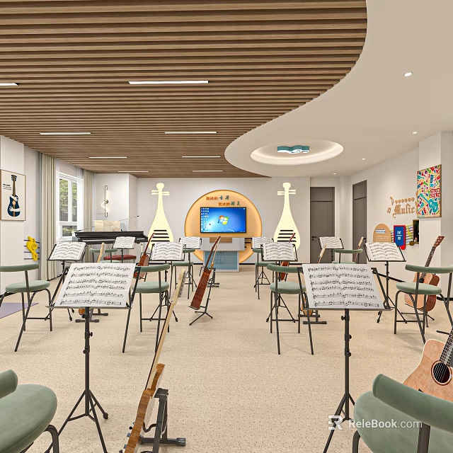 Well Equipped School Music Classroom With Various Musical Instruments And Music Sheets 3d model 