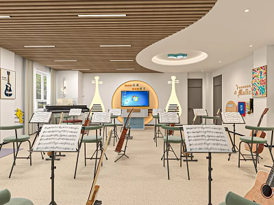 Well Equipped School Music Classroom With Various Musical Instruments And Music Sheets 3d model