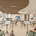 Well Equipped School Music Classroom With Various Musical Instruments And Music Sheets