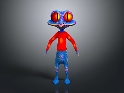 Vibrant Fantasy Creature Character With Blue Patterned Body Red Shirt And Large Red Eyes 3d model