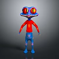 Vibrant Fantasy Creature Character With Blue Patterned Body Red Shirt And Large Red Eyes