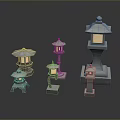 Traditional Japanese Stone Lanterns In Multiple Various Sizes With Illuminated Details