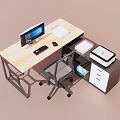 Modern Home Office Desk And Chair Set With Computer Monitor Keyboard Printer And Drawer Cabinet