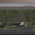 Outdoor Relaxation Space With Stone Wall Trees Rocks Fire Pit And Lounge Chair