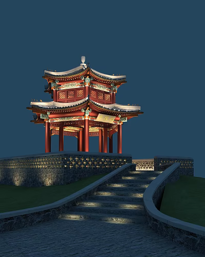 Traditional Chinese Pavilion With Red Columns Multi tiered Roof And Stone Stairs On Illuminated Base 3d model