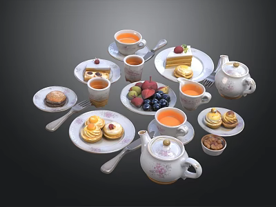 Assorted Afternoon Tea Food With Teapot Teacups Cakes Fruits And Pastries 3d model