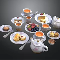 Assorted Afternoon Tea Food With Teapot Teacups Cakes Fruits And Pastries