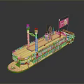 Vintage Steamship With Decorative Deck Two White Chimneys Yellow Hull And Pink Flag