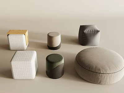 Modern Stylish Stools in Square Round and Cylindrical Shapes with Fabric Covers 3d model