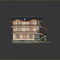 Cartoon Style Three Story House With Blue Roof Orange Eaves And Wooden Balconies