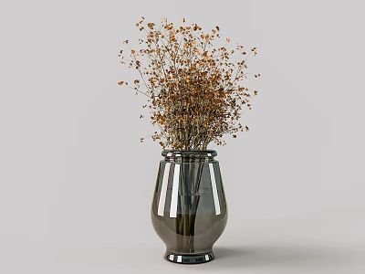 Shiny Silver Vase With Dried Golden Small Flowers On Grey Background 3d model