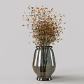 Shiny Silver Vase With Dried Golden Small Flowers On Grey Background