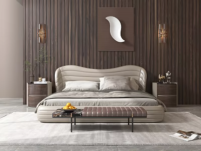 Modern Double Bed in Bedroom with Wooden Wall Decorative Mirror Nightstands End Bench and Rug 3d model