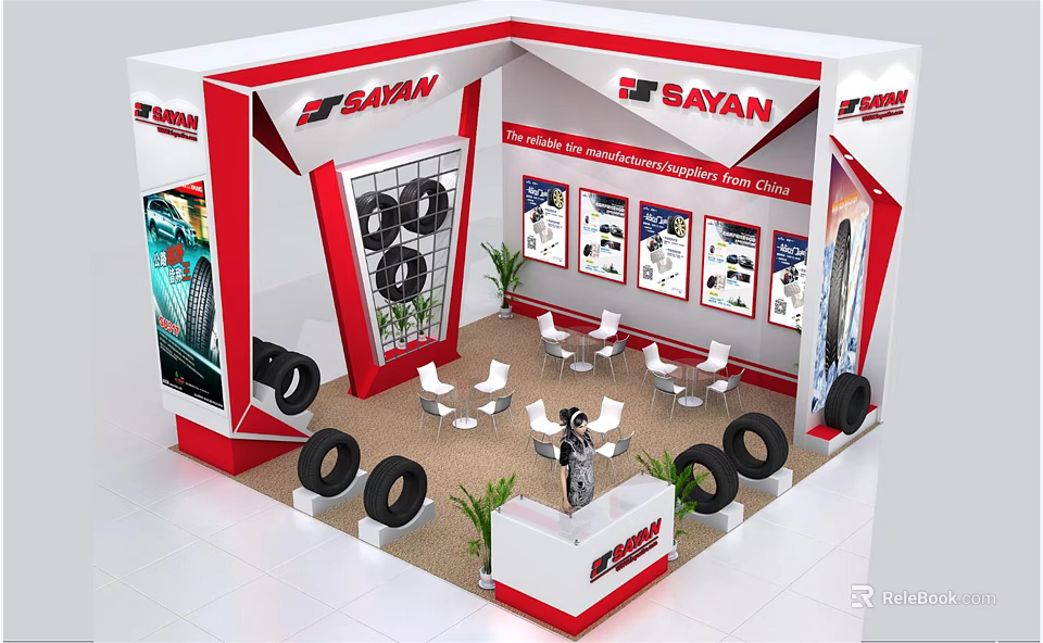 BAYAN Red And White Exhibition Booth With Tires Display Posters Tables And Chairs 3d model 