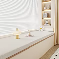 Bay Window Cabinet With Padded Cushion Table Lamp And Decorative Items By Venetian Blinds