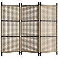 Woven Rattan Room Divider With Beige Panels And Black Frame Design