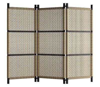 Woven Rattan Room Divider With Beige Panels And Black Frame Design 3d model