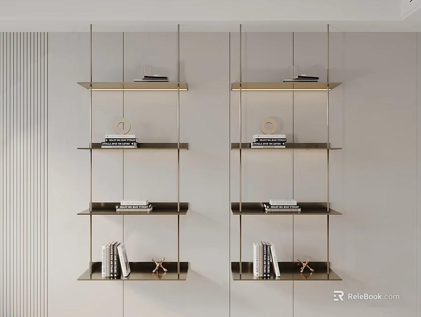 Modern Gold Metal Wall Shelves With Books Decorative Items And Minimalist Design 3d model 