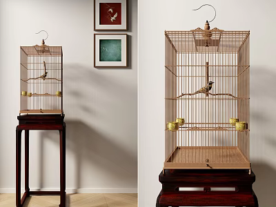 Bird Perched In Decorative Wooden Birdcage On Stand With Indoor Wall Art 3d model