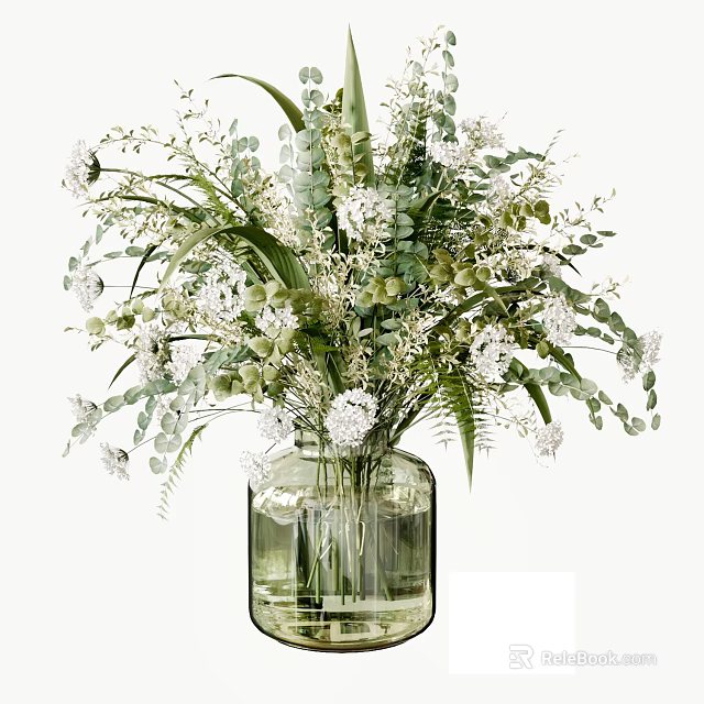 Transparent Glass Vase With White Small Flowers Green Leaves And Ferns Arrangement 3d model 