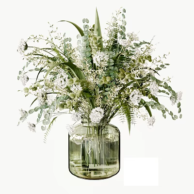 Transparent Glass Vase With White Small Flowers Green Leaves And Ferns Arrangement 3d model