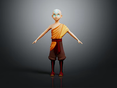Bald Young Game Movie Character In Yellow Tunic Brown Pants Red Shoes And Orange Sash 3d model