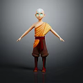 Bald Young Game Movie Character In Yellow Tunic Brown Pants Red Shoes And Orange Sash