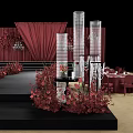 Elegant Wedding Stage Setup With Red Curtains Floral Arrangements And Chandeliers