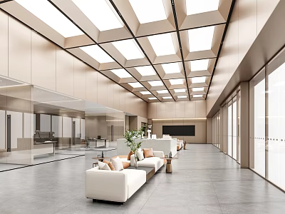 Modern Public Service Hall Featuring Light Colored Walls Grid Skylights Large Glass Windows White Sofas Green Plants 3d model