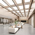 Modern Public Service Hall Featuring Light Colored Walls Grid Skylights Large Glass Windows White Sofas Green Plants