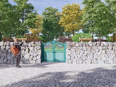 Modern Gate Entrance Door Patio Door Original Stone Wall Gate 3d model