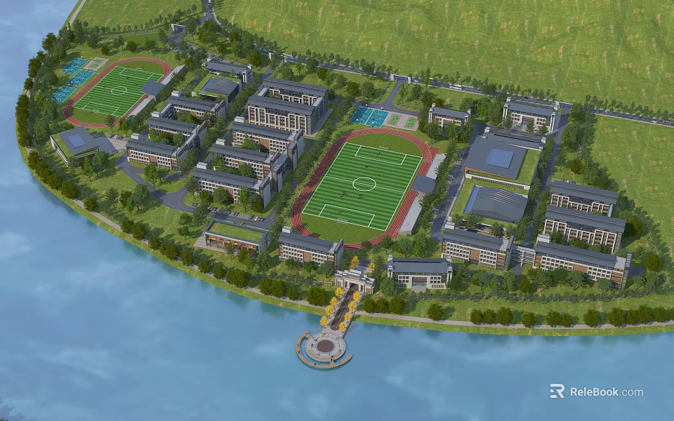 Aerial Campus Planning View With Buildings Football Field Swimming Pool And Waterfront Greenery 3d model 