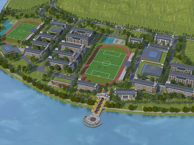 Aerial Campus Planning View With Buildings Football Field Swimming Pool And Waterfront Greenery 3d model