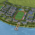 Aerial Campus Planning View With Buildings Football Field Swimming Pool And Waterfront Greenery