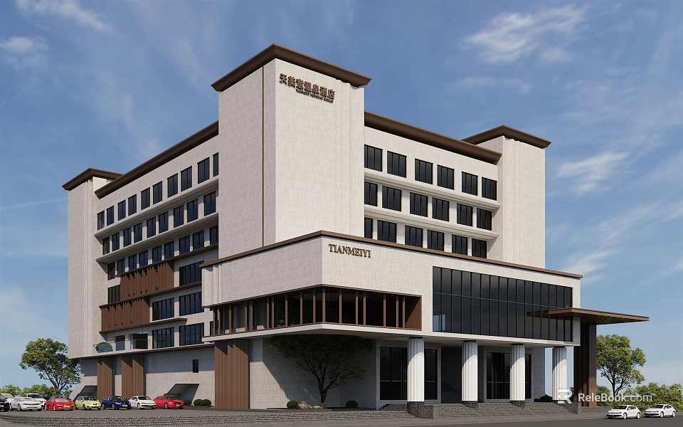 Modern Multi Story Hotel Building Bailey Towers With Glass Facade And Parking Area 3d model 
