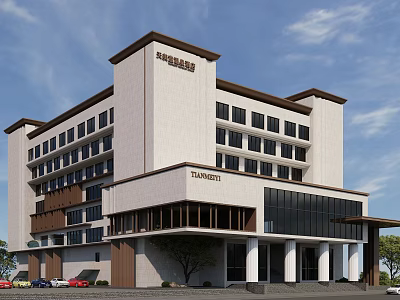 Modern Multi Story Hotel Building Bailey Towers With Glass Facade And Parking Area 3d model