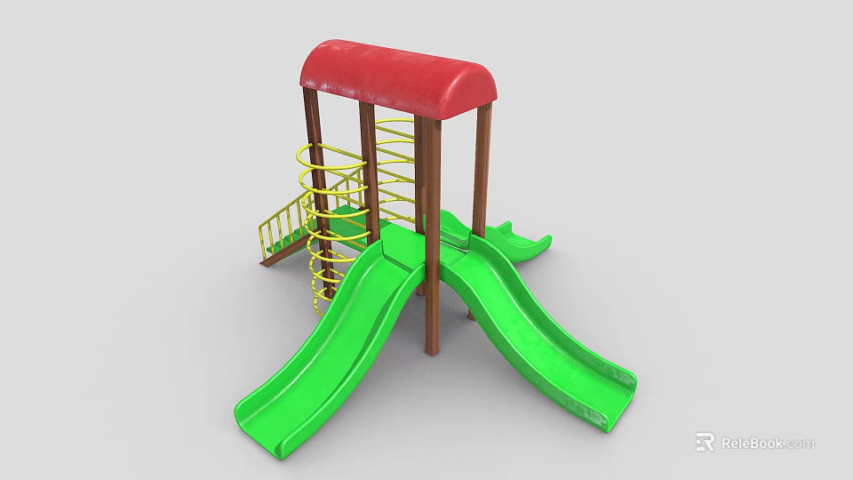 Outdoor Playground Equipment With Red Roof Yellow Ladder Green Slides And Brown Pillars 3d model 