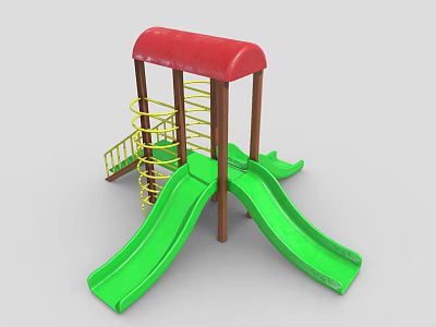 Outdoor Playground Equipment With Red Roof Yellow Ladder Green Slides And Brown Pillars 3d model