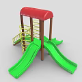 Outdoor Playground Equipment With Red Roof Yellow Ladder Green Slides And Brown Pillars