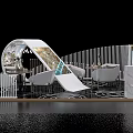 Modern Exhibition Booth With Curved White Structure Pendant Lights Marble Elements And White Tables Chairs