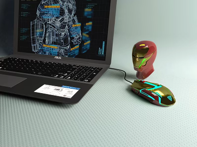 Laptop With Mechanical Design Graphics On Screen And Iron Man Helmet Shaped Mouse Connected 3d model