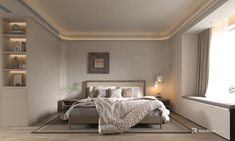 Modern Bedroom Interior with Large Bed Gray Quilt Nightstand Lamp Art Window Curtains and Rug 3d model 
