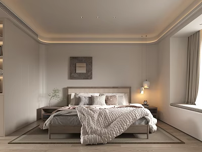 Modern Bedroom Interior with Large Bed Gray Quilt Nightstand Lamp Art Window Curtains and Rug 3d model