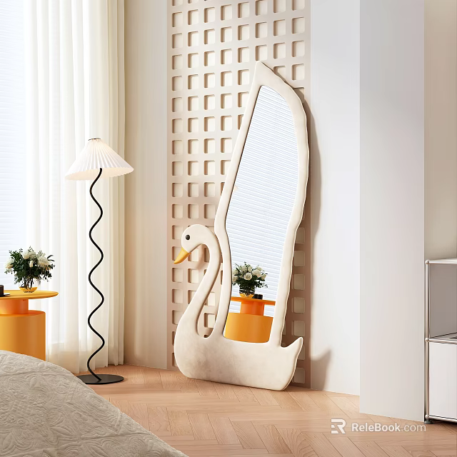 Swan Shaped Mirror In Modern Bedroom With Floor Lamp And Plants 3d model 