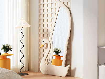 Swan Shaped Mirror In Modern Bedroom With Floor Lamp And Plants 3d model