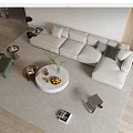 Modern Sofa Coffee Table Set With Round Stone Top Fruit Bowl Plant And Area Rug