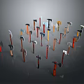 Various Axes With Colorful Handles And Diverse Designs Arranged On Dark Background